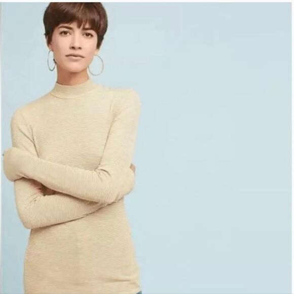Anthropologie Pure is Good Mock Neck Striped‎ Shirt women's neutral tan ribbed - Picture 1 of 7